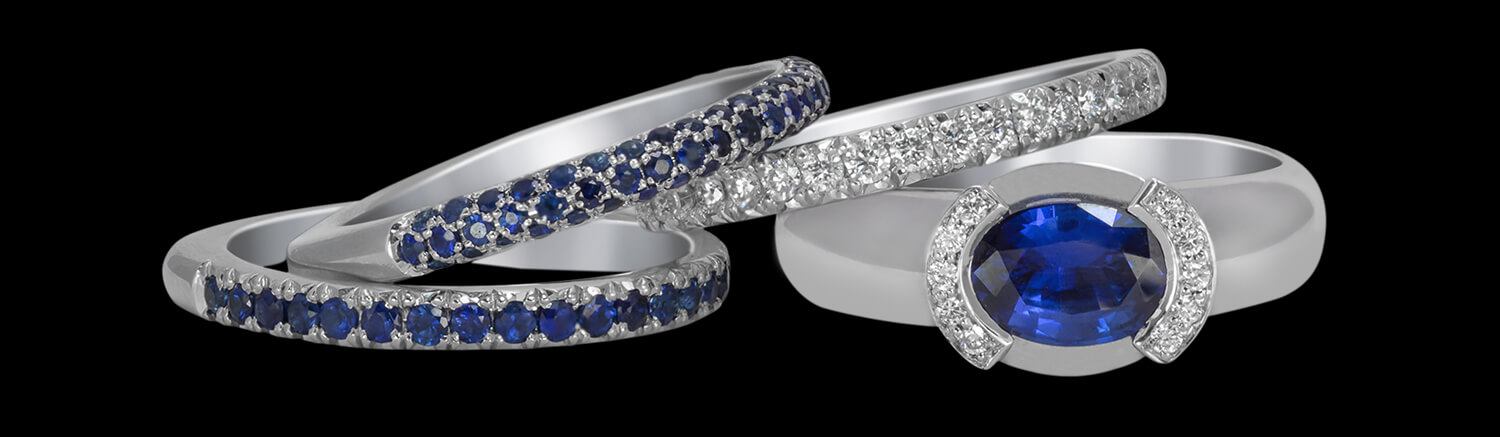 Custom 18kt white gold Luna engagement rings and weddings bands with blue sapphires. Blog. FRIDA | Fine Jewellery