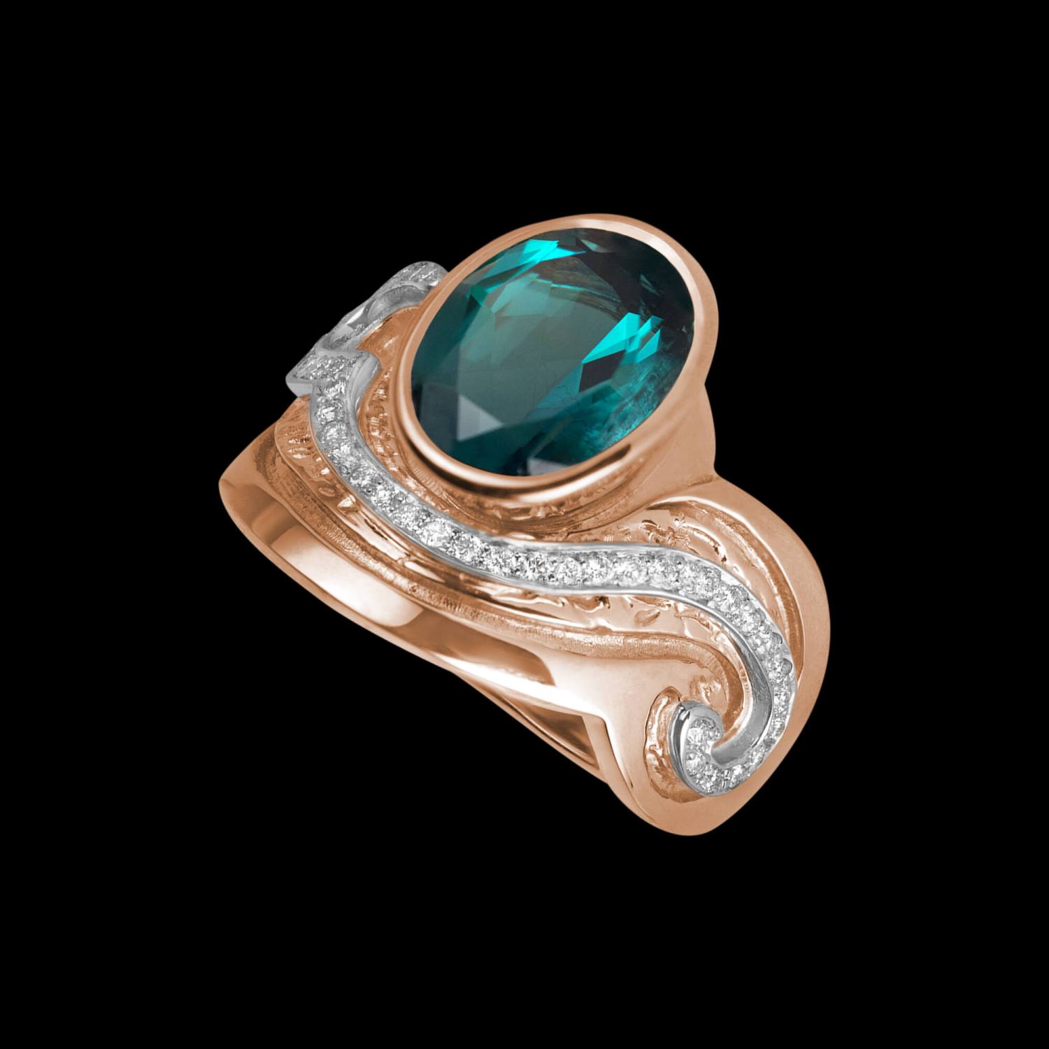 Custom 18kt yellow gold Wave ring with a faceted blue-green tourmaline and pavé-set diamonds | Ocean Collection. FRIDA | Fine Jewellery.