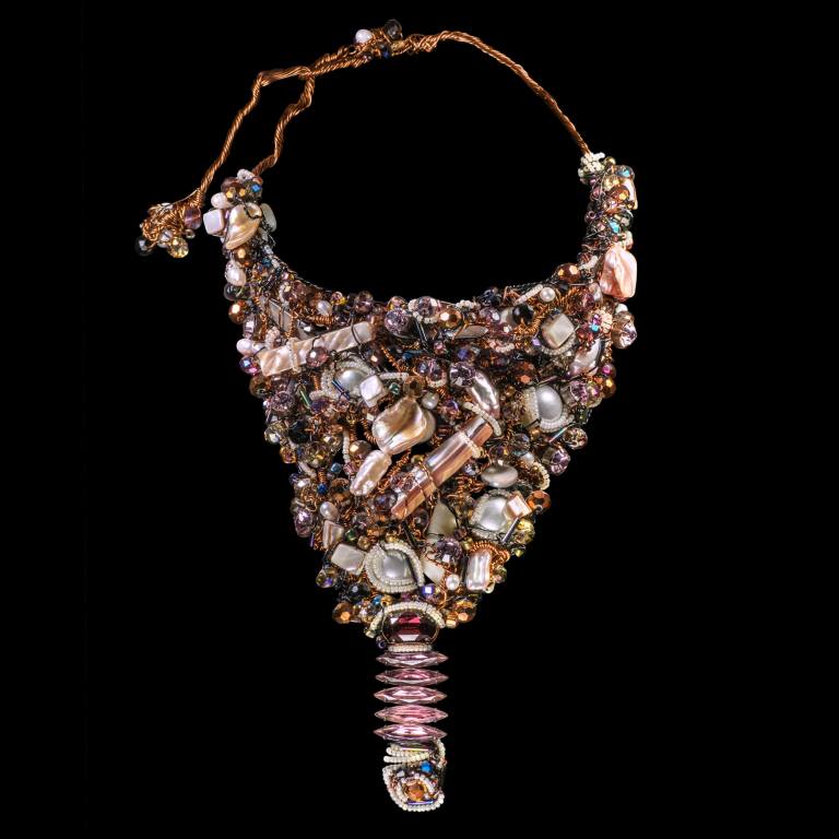 Custom hand-woven Bella neck sculpture with vintage crystals, Swarovski and pearls | Caribou Collection. FRIDA | Fine Jewellery.