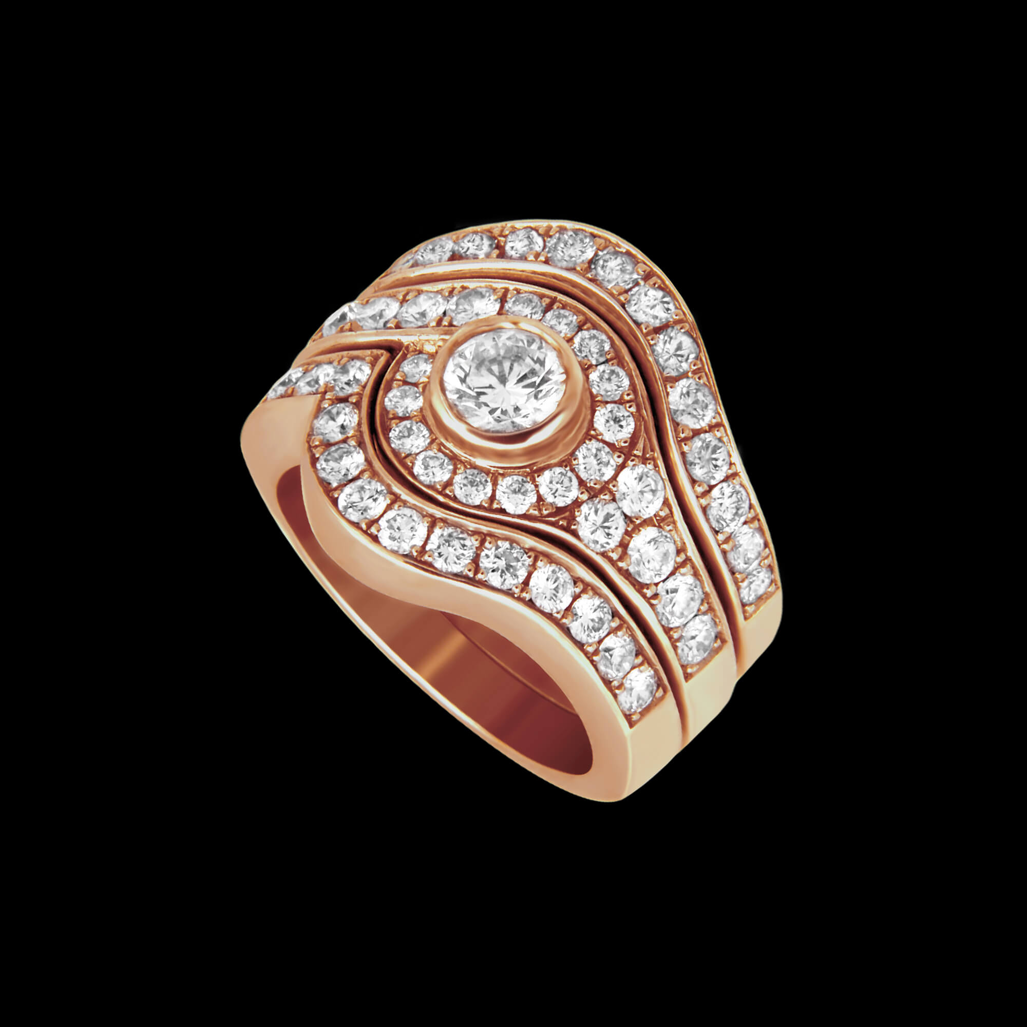 Custom 18kt pink gold three-piece stacking Rán ring with bezel- and pavé-set diamonds | Ocean Collection. FRIDA | Fine Jewellery.