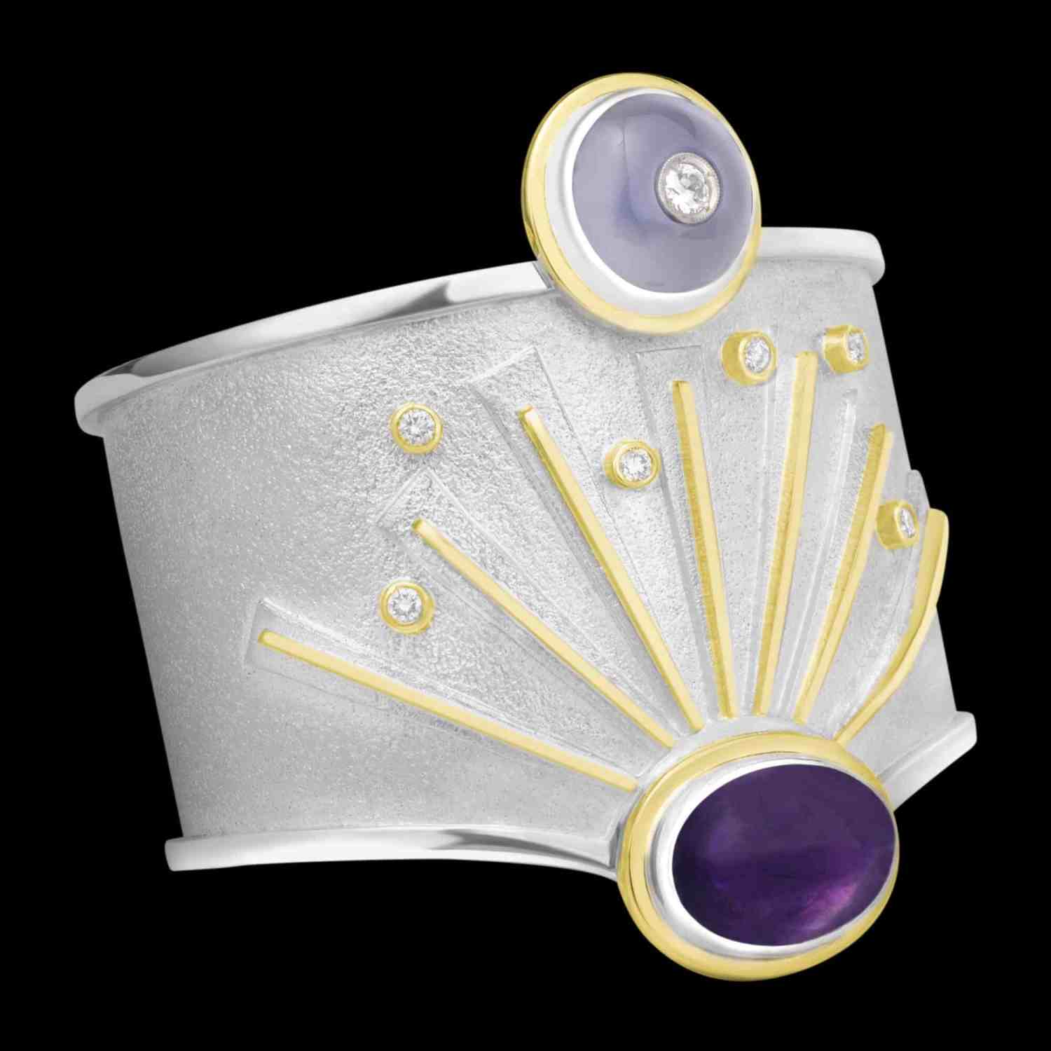 Bespoke sterling silver and 18kt yellow gold cuff bracelet with amethyst, chalcedony and diamonds | Shield Collection. FRIDA | Fine Jewellery.