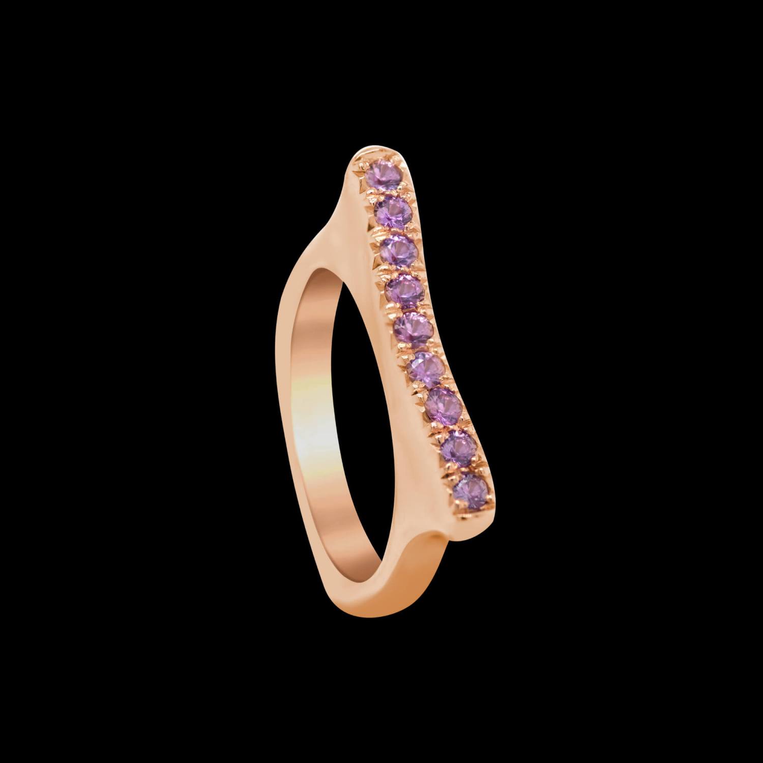 Custom 18kt pink gold Strata stacking slice ring with lavender purple sapphires | Strata Collection. FRIDA | Fine Jewellery.