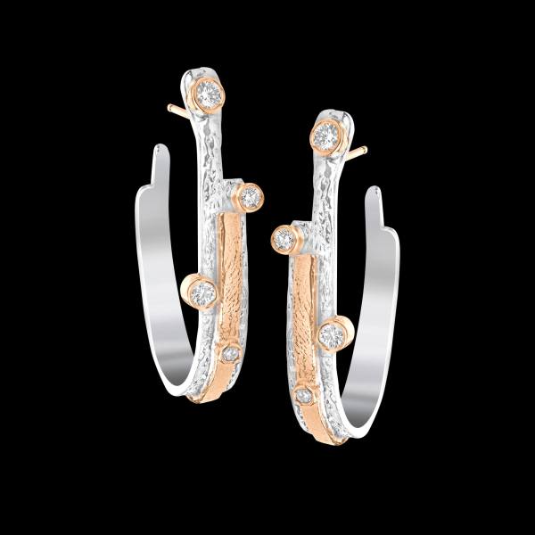 Custom 18kt pink gold and sterling silver hoop earrings with diamonds | Shield Collection. FRIDA | Fine Jewellery.