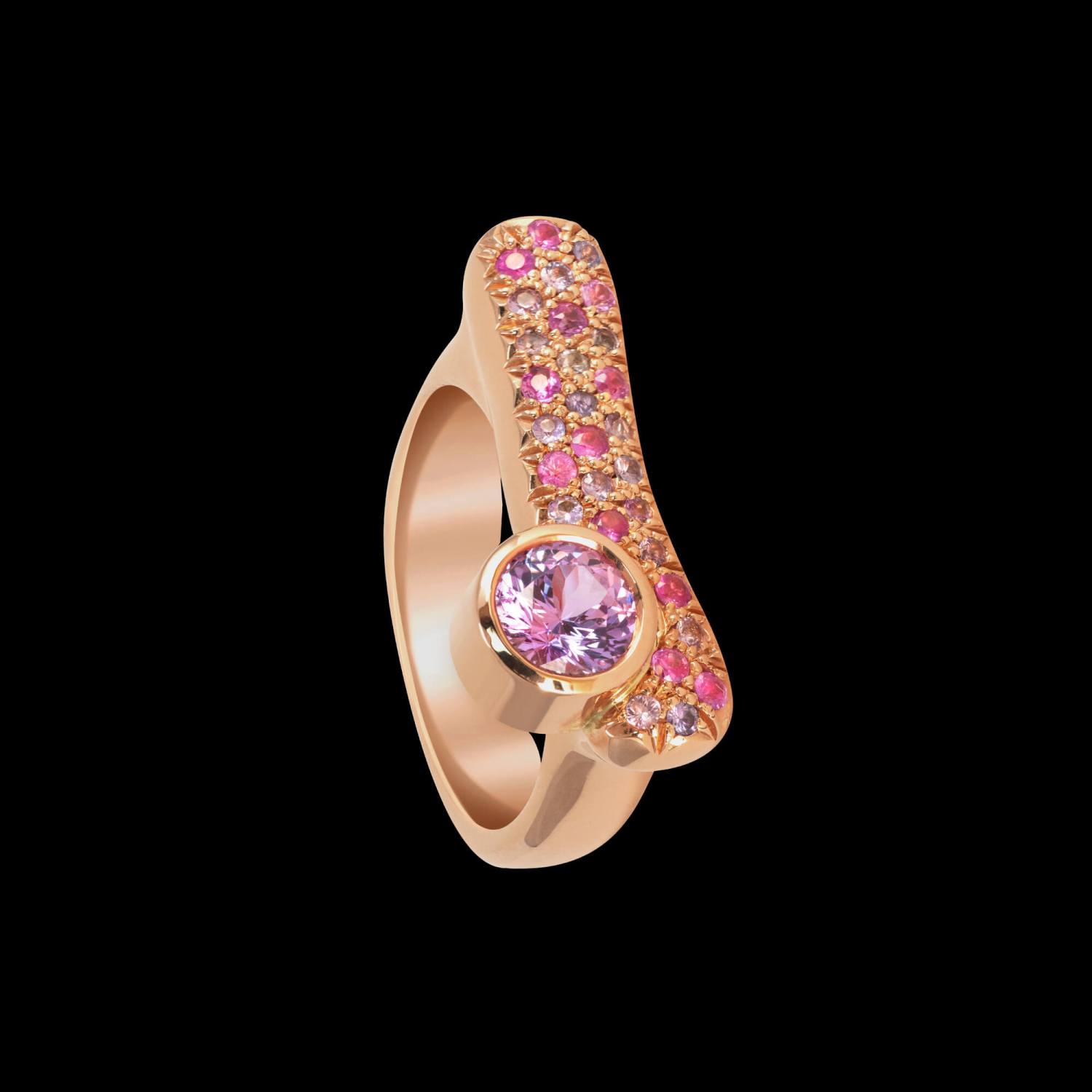 Custom 18kt pink gold lavender sapphire and multi-coloured sapphire stacking ring | Strata Collection. FRIDA | Fine Jewellery.