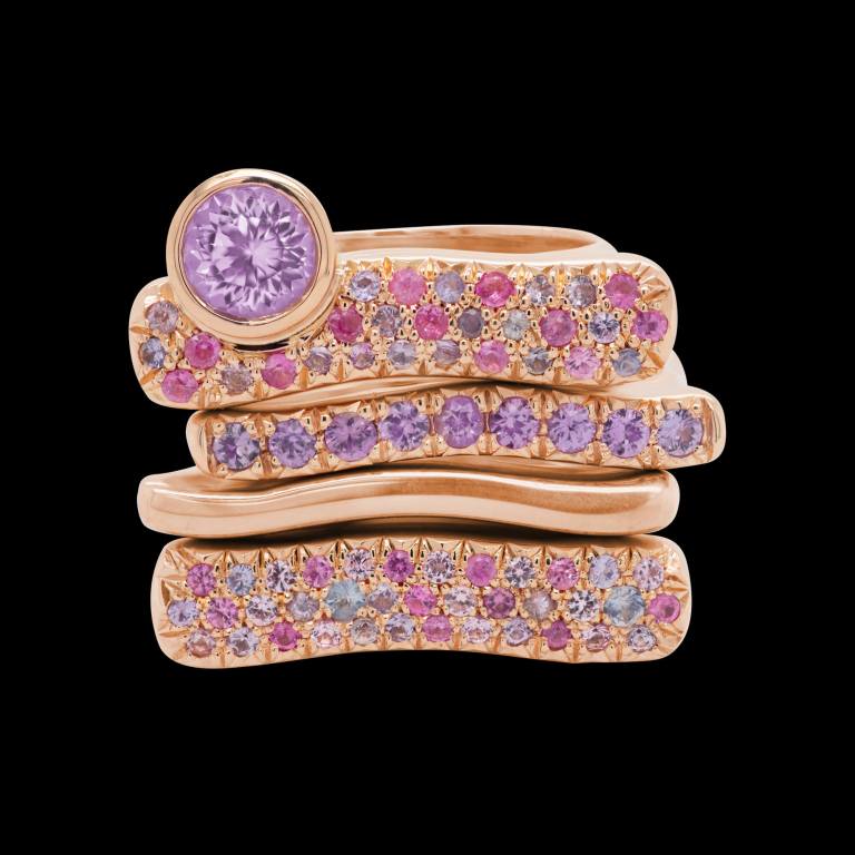 Custom 18kt pink gold purple and multi-coloured sapphire stacking rings | Strata™ Collection. FRIDA | Fine Jewellery.