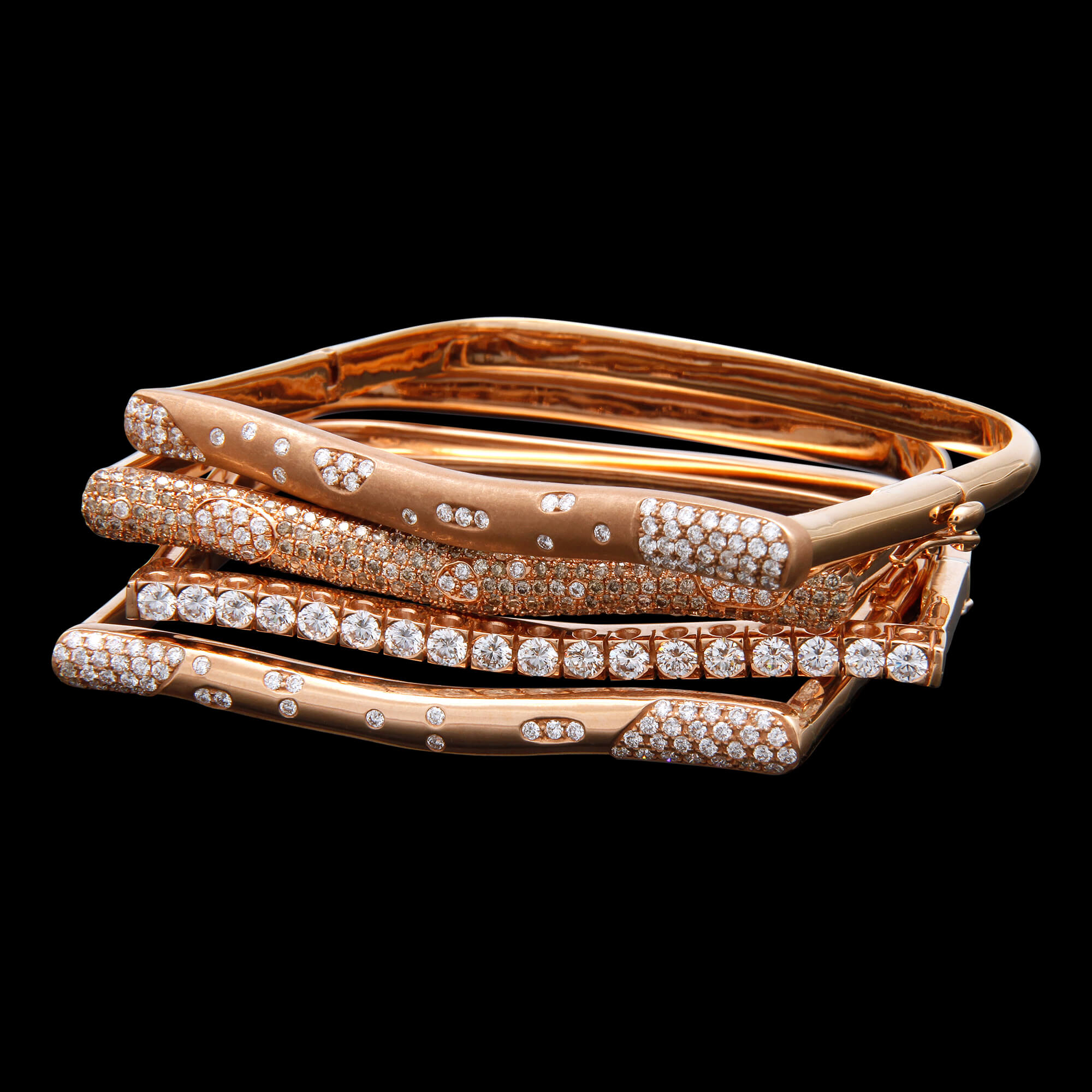 Custom 18kt pink gold stacking bracelets with diamonds and gemstones | Strata™ Collection. FRIDA | Fine Jewellery.