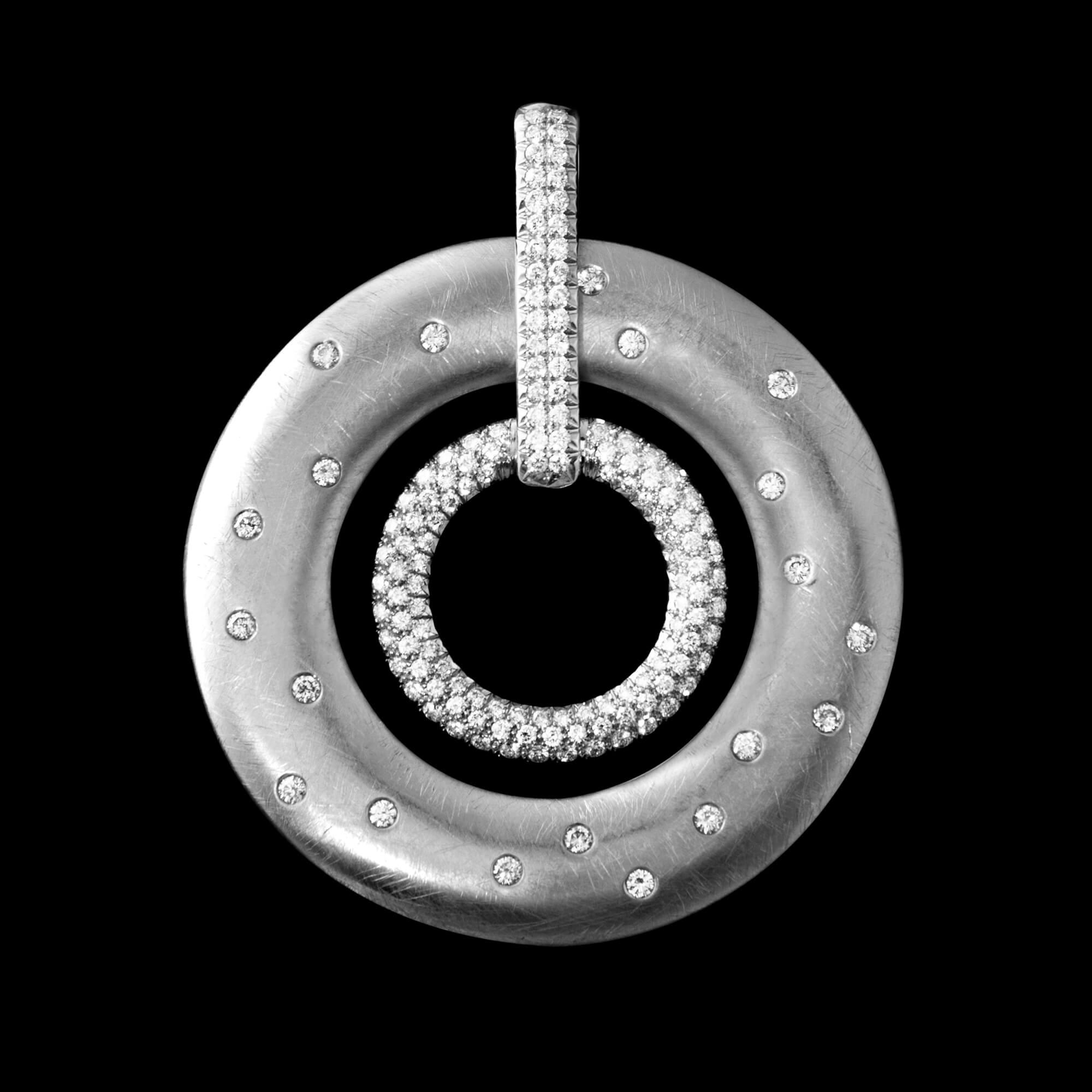 Custom 18kt pink gold double circle pendant set with white diamonds | Strata Collection. FRIDA | Fine Jewellery.