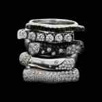 Custom 18kt white gold stacking rings with black and white diamonds | Strata Collection. FRIDA | Fine Jewellery.