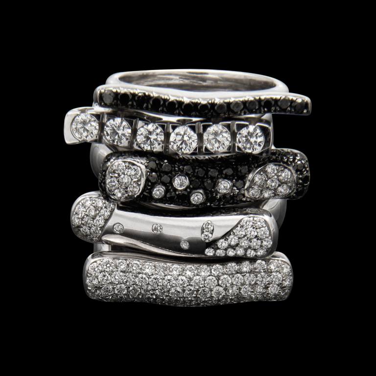 Custom 18kt white gold stacking rings with diamonds and gemstones | Strata™ Collection. FRIDA | Fine Jewellery.