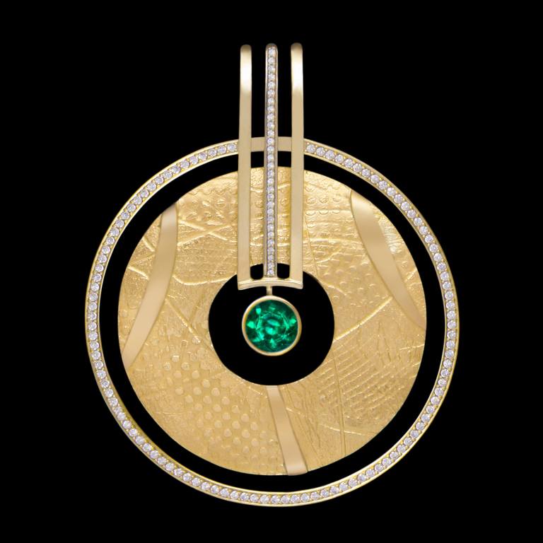 Custom 18kt yellow gold Bindu pendant with an emerald and diamonds | Shield™ Collection. FRIDA | Fine Jewellery.
