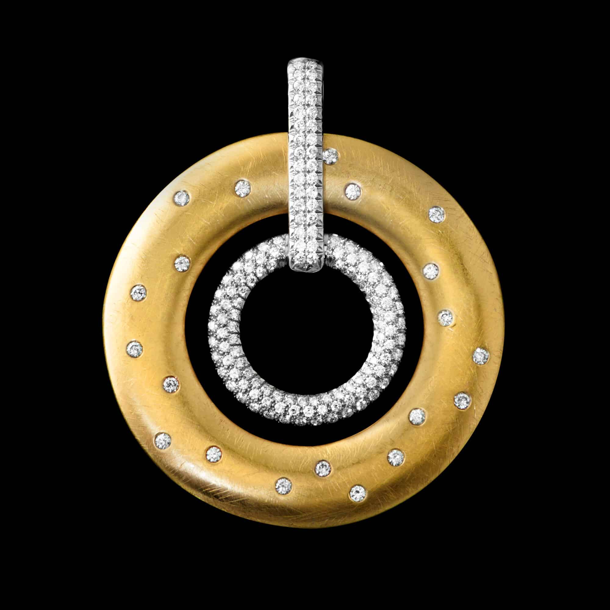Custom 18kt yellow gold double circle pendant set with white diamonds | Strata Collection. FRIDA | Fine Jewellery.