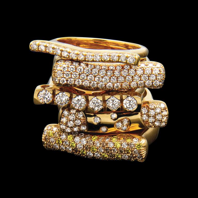 Custom 18kt yellow gold stacking rings with diamonds and gemstones | Strata™ Collection. FRIDA | Fine Jewellery.