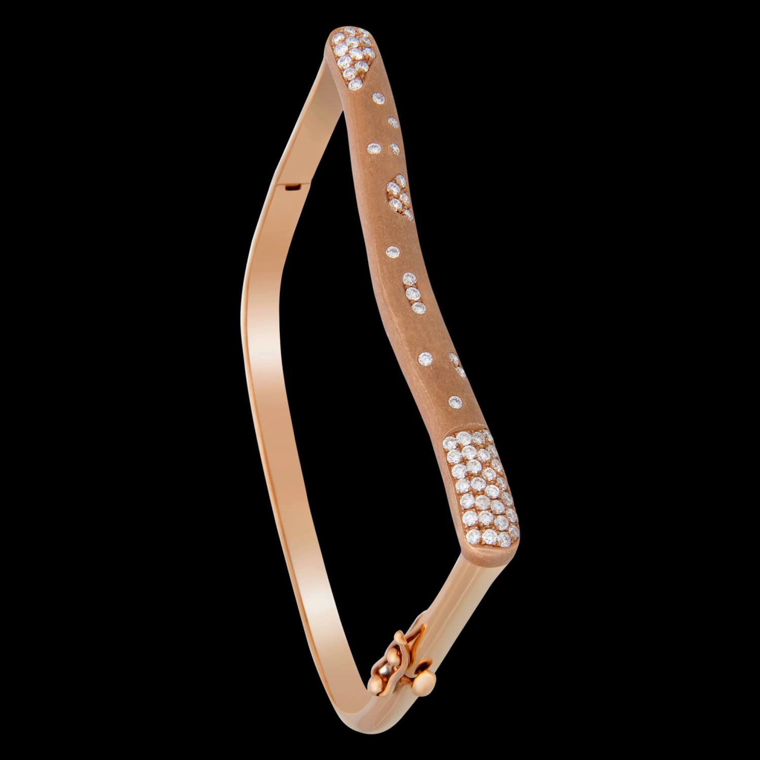 Custom brushed 18kt pink gold Strata stacking bracelet with scattered white diamonds | Strata Collection. FRIDA | Fine Jewellery.