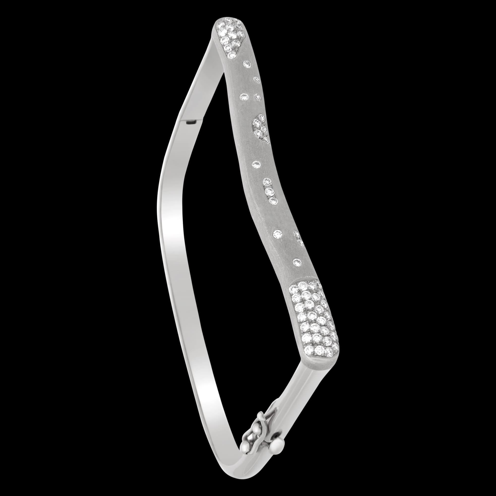 Custom brushed 18kt white gold Strata stacking bracelet with scattered white diamonds | Strata Collection. FRIDA | Fine Jewellery.