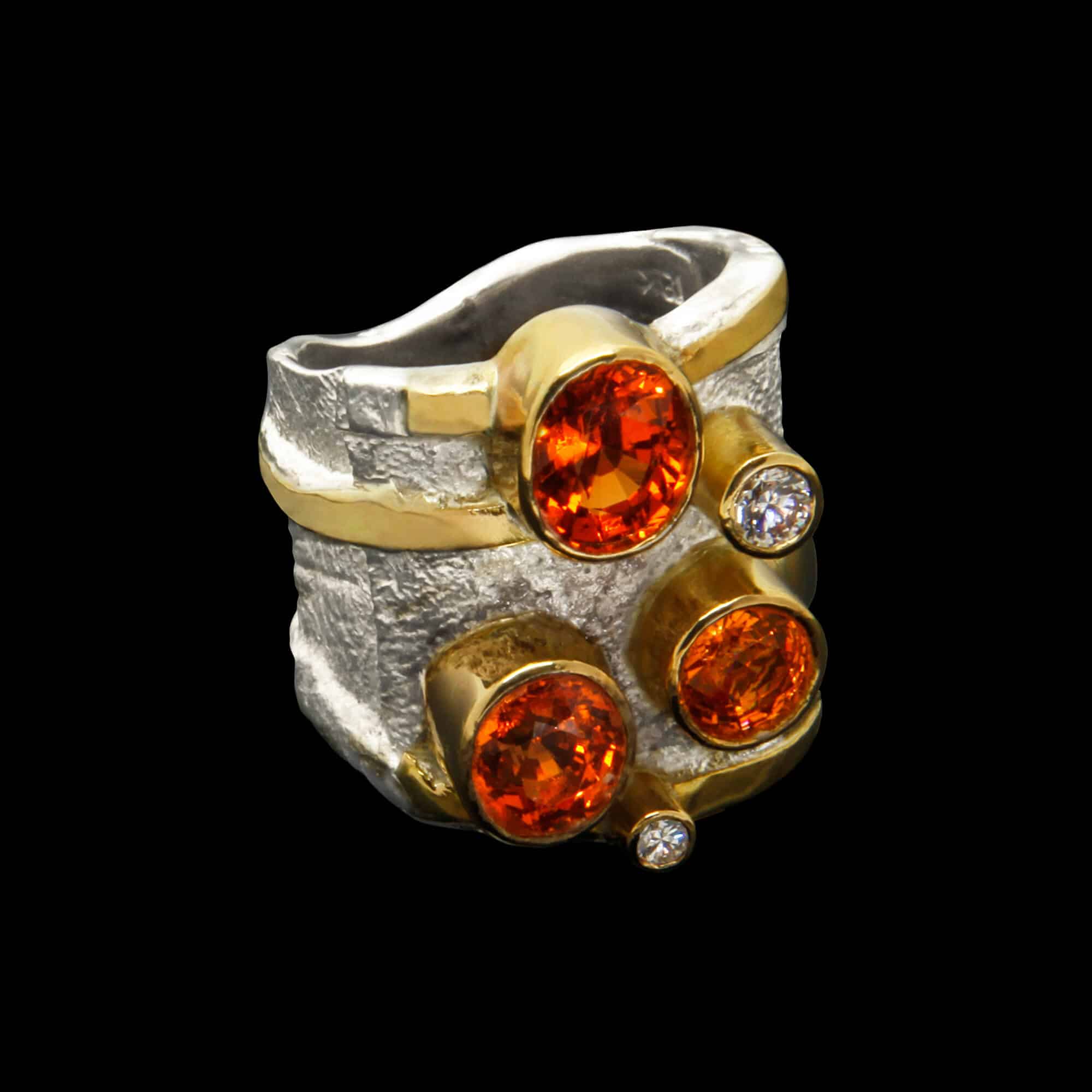 Custom designed sterling silver and 18kt yellow gold Testudo ring with spessartite and diamonds | Shield Collection. FRIDA | Fine Jewellery.
