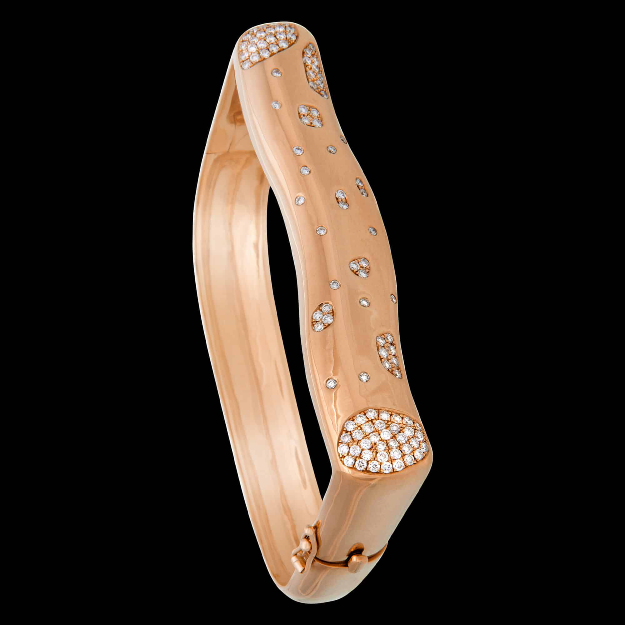 Custom large 18kt pink gold Strata stacking bracelet with scattered white diamonds | Strata Collection. FRIDA | Fine Jewellery.