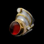 Custom sterling silver and 18kt yellow gold Camelot ring with diamonds and hessonite garnet | Shield Collection. FRIDA | Fine Jewellery.