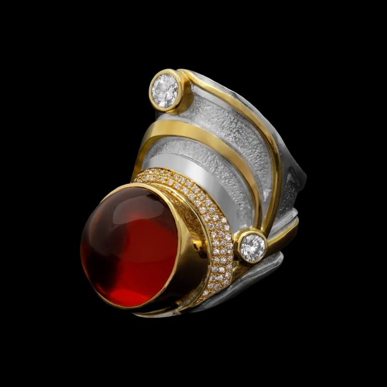 Custom sterling silver and 18kt yellow gold Camelot ring with hessonite garnet and diamonds | Shield™ Collection. FRIDA | Fine Jewellery.