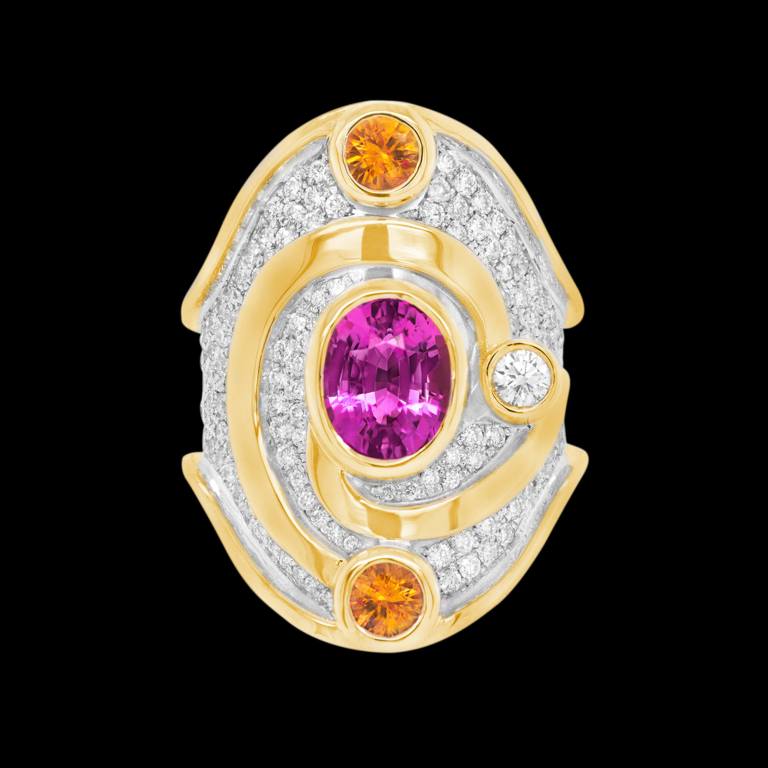 Custom sterling silver and 18kt yellow gold Charlemagne ring with pink and orange sapphires, and diamonds. Front | Shield™ Collection. FRIDA | Fine Jewellery.