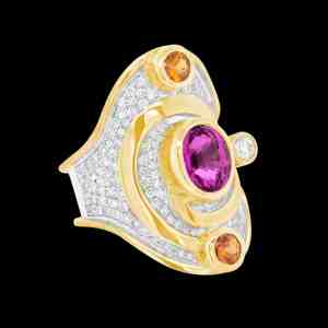 Custom sterling silver and 18kt yellow gold Charlemagne ring with pink and orange sapphires, and white diamonds. Side | Shield Collection. FRIDA | Fine Jewellery.