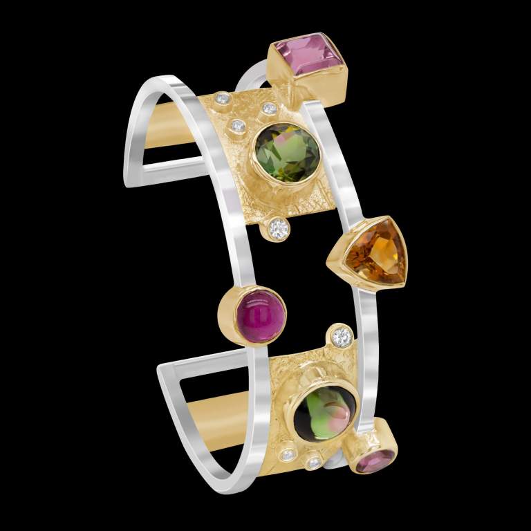 Custom sterling silver and 18kt yellow gold Flora bangle set with multi-coloured tourmalines, citrine and brilliant-cut diamonds | Shield™ Collection. FRIDA | Fine Jewellery.