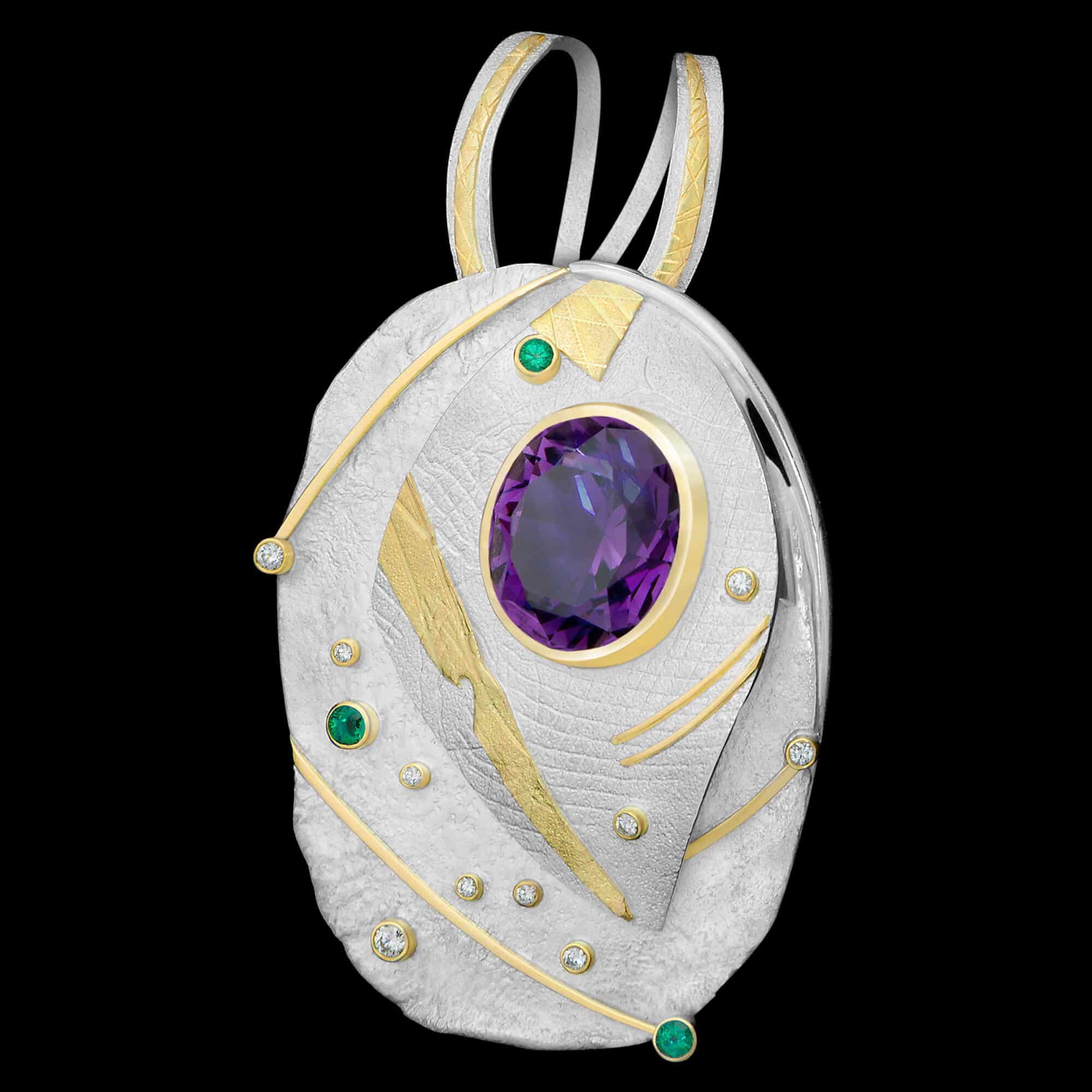 Custom sterling silver and 18kt yellow gold Lagertha pendant with amethyst, emeralds and diamonds | Shield Collection. FRIDA | Fine Jewellery.