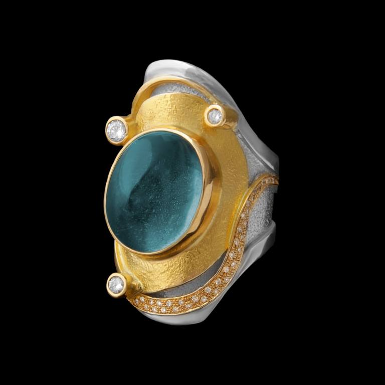 Custom sterling silver and 18kt yellow gold Nimue ring with aquamarine and diamonds | Shield™ Collection. FRIDA | Fine Jewellery.