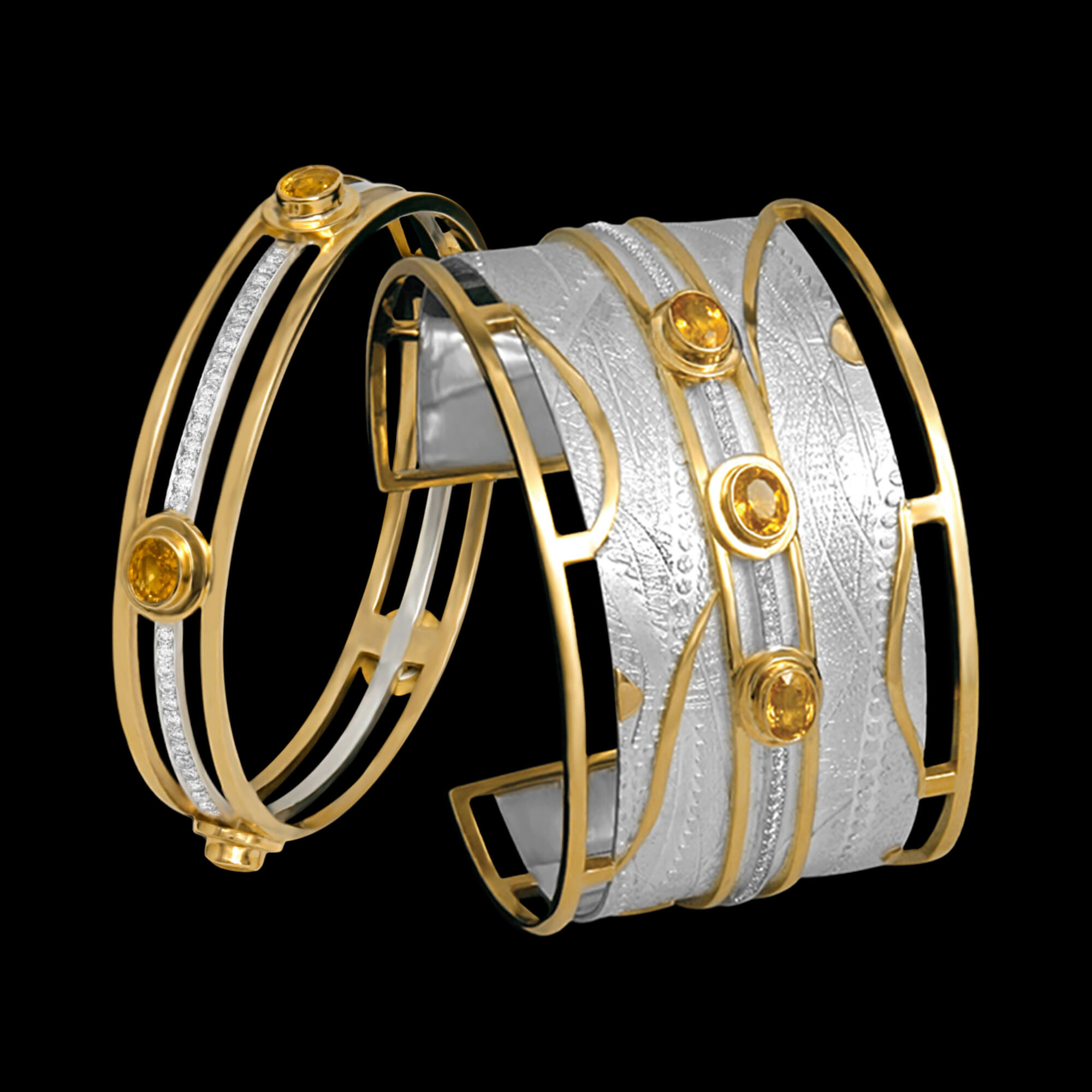 Custom sterling silver and 18kt yellow gold Reign bangle and cuff with yellow sapphires and diamonds | Shield™ Collection. FRIDA | Fine Jewellery.