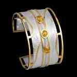 Custom sterling silver and 18kt yellow gold Reign cuff bracelet with yellow sapphires and diamonds | Shield Collection. FRIDA | Fine Jewellery.