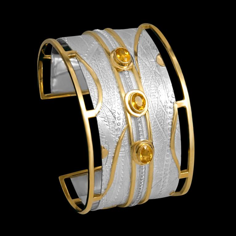 Custom sterling silver and 18kt yellow gold Reign cuff with yellow sapphires and diamonds | Shield™ Collection. FRIDA | Fine Jewellery.