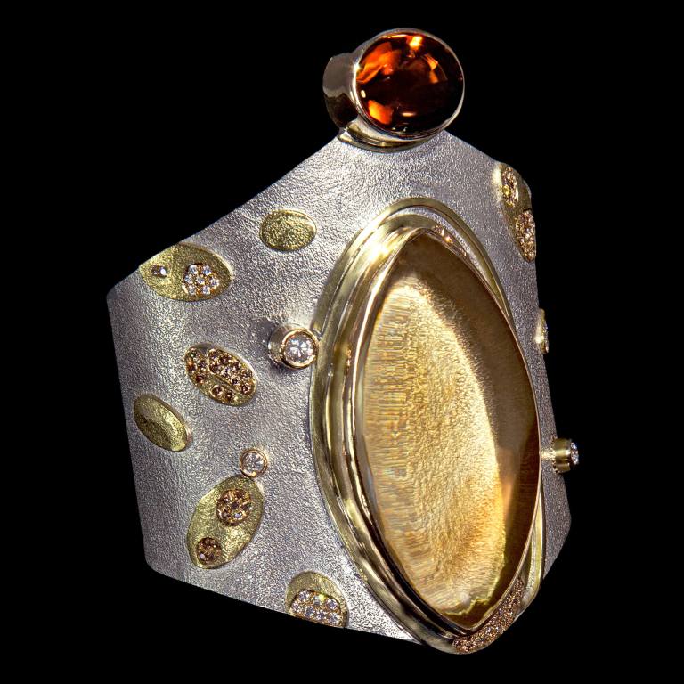 Custom sterling silver and 18kt yellow gold cuff with citrine, tourmaline and diamonds. Amira Cuff | Shield™ Collection. FRIDA | Fine Jewellery.