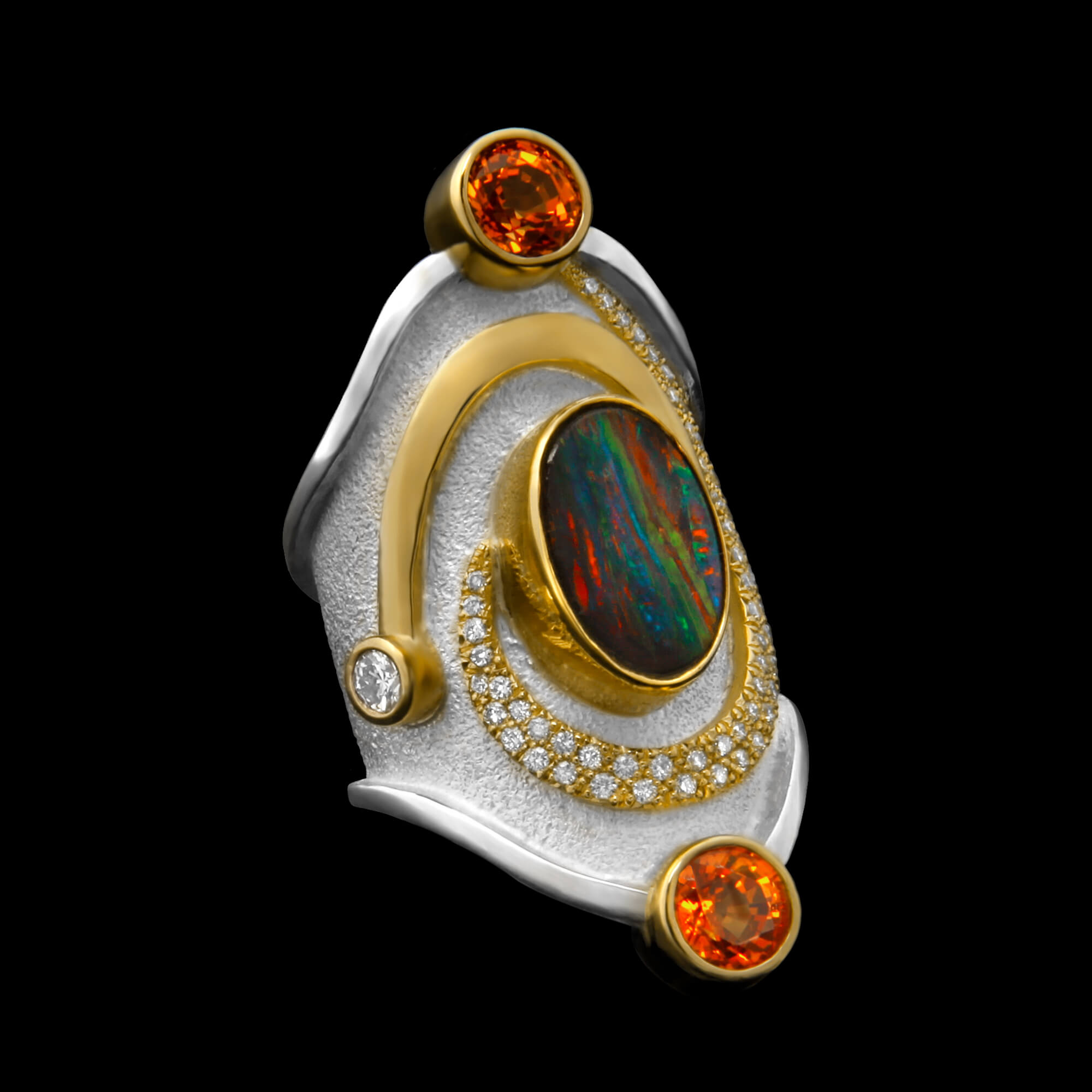 Custom sterling silver and 18kt yellow gold ring with black opal, sapphires and diamonds. Charlemagne ring | Shield™ Collection. FRIDA | Fine Jewellery.