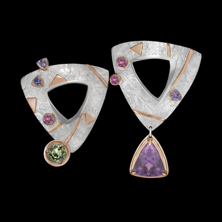 One-of a kind silver and 18kt pink gold multi-gemstone earrings with tourmaline, Tanzanite , rubellite and amethyst | Shield™ Collection. FRIDA | Fine Jewellery.
