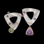 One-of-a-kind sterling silver and 18kt pink gold multi-gemstone earrings with tourmaline, Tanzanite , rubellite and amethyst | Shield Collection. FRIDA | Fine Jewellery