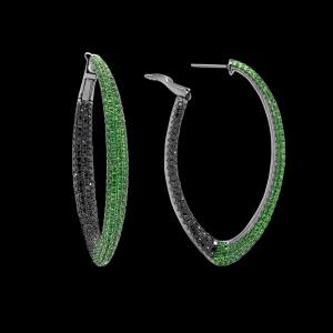 Custom 18kt gold with black rhodium edge hoop earrings with Tsavorite and black diamonds. Open. FRIDA | Fine Jewellery.