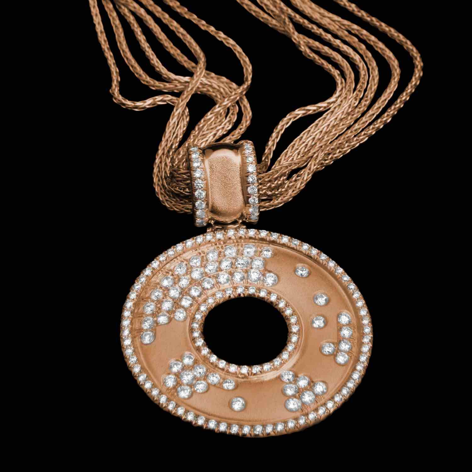 Custom 18kt pink gold pendant with scattered white diamonds with a diamond edge | Strata Collection. FRIDA | Fine Jewellery.