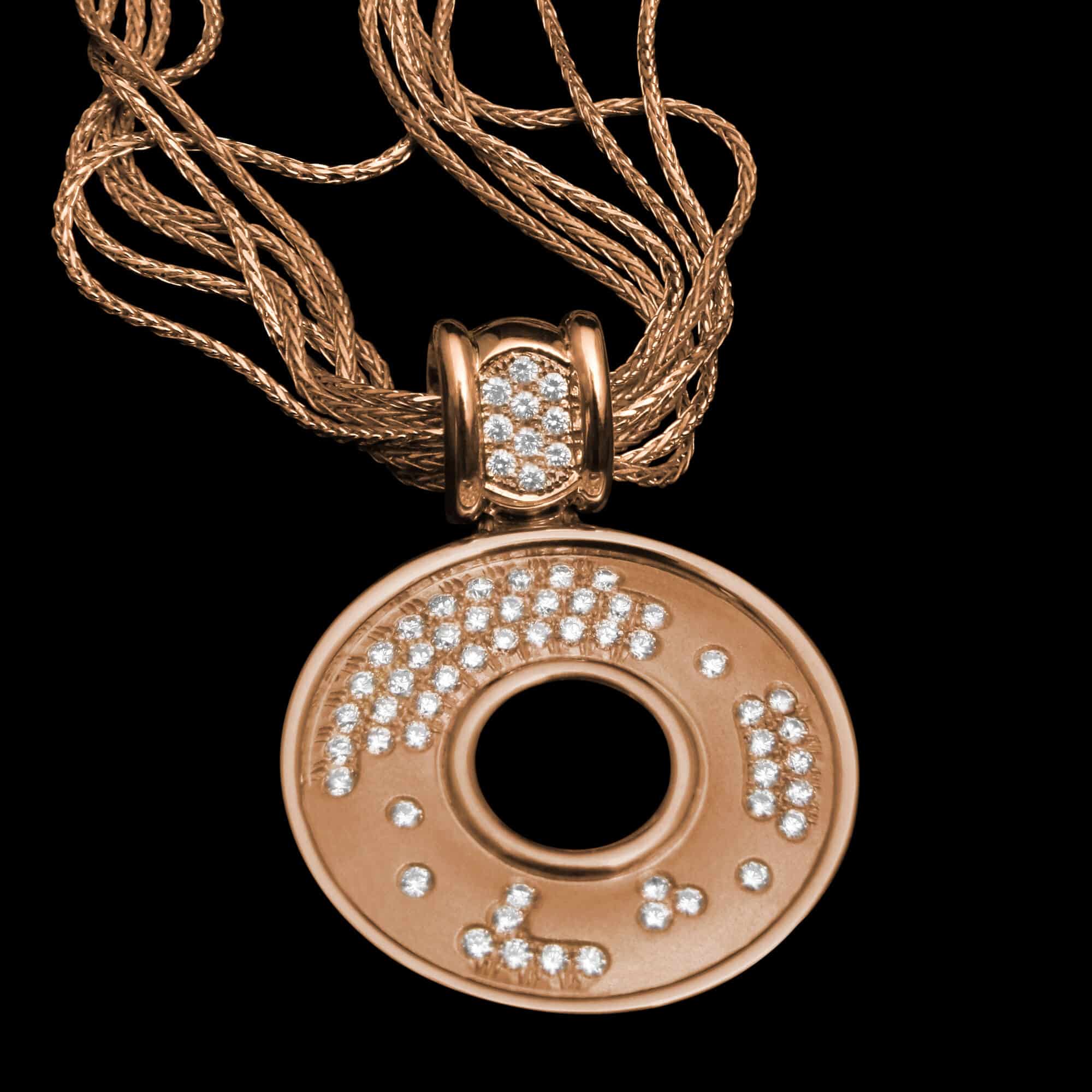 Custom 18kt pink gold pendant with scattered white diamonds | Strata Collection. FRIDA | Fine Jewellery.