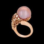 Custom 18kt pink gold ring with a pink south sea pearl, white and chocolate diamonds. Profile. FRIDA | Fine Jewellery.
