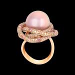 Custom 18kt pink gold statement ring with a pink south sea pearl, white diamonds and pink sapphires. Profile. FRIDA | Fine Jewellery.