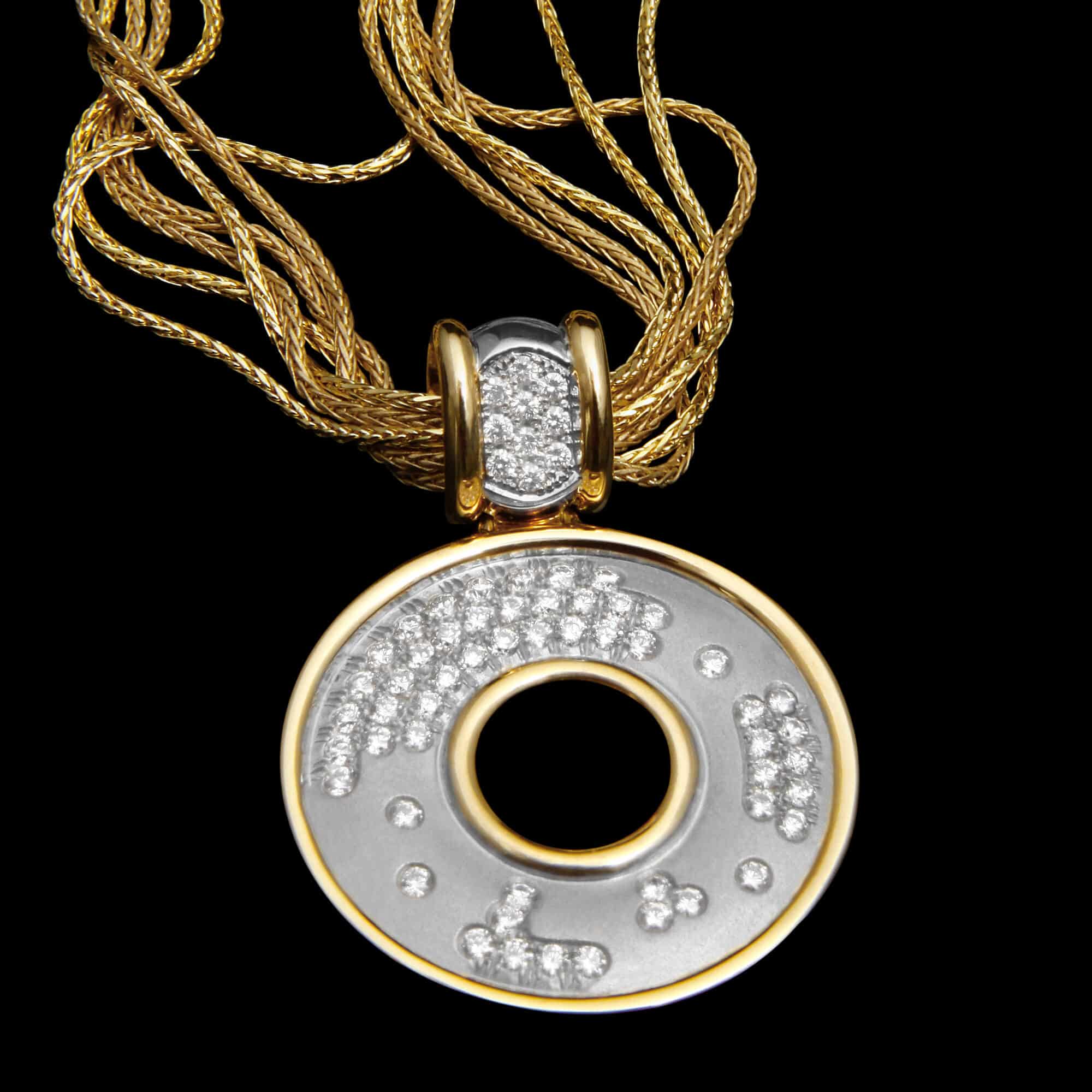 Custom 18kt yellow and who=ite gold pendant with scattered white diamonds | Strata Collection. FRIDA | Fine Jewellery.