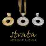 Custom 18kt white and yellow gold pendants set with scattered white diamonds | Strata Collection. FRIDA | Fine Jewellery.