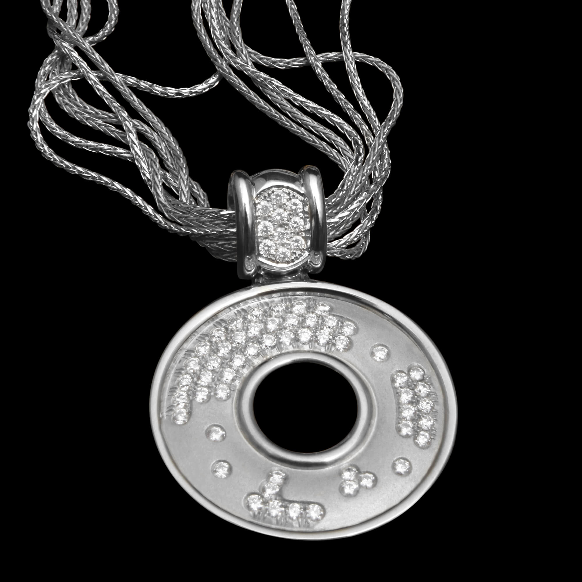 Custom 18kt white gold pendant with scattered white diamonds | Strata Collection. FRIDA | Fine Jewellery.
