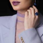Custom 18kt white gold statement earrings and ring with tanzanite and diamonds. Model. FRIDA | Fine Jewellery.