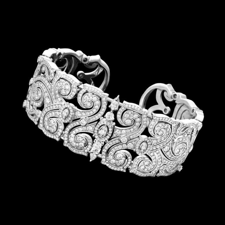 Custom 18kt white gold vintage-inspired statement diamond cuff. FRIDA | Fine Jewellery.