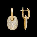 Custom 18kt yellow gold tag earrings with pave-set diamonds. Side. FRIDA | Fine Jewellery.