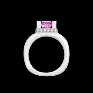 Custom 18kt gold Luna engagement ring with a purple-pink sapphire and diamonds. Profile. Signature Engagement | Celestial collection. FRIDA | Fine Jewellery.