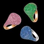 Custom 18kt pink and white gold unisex pinky rings with multi-coloured gemstones. FRIDA | Fine Jewellery.