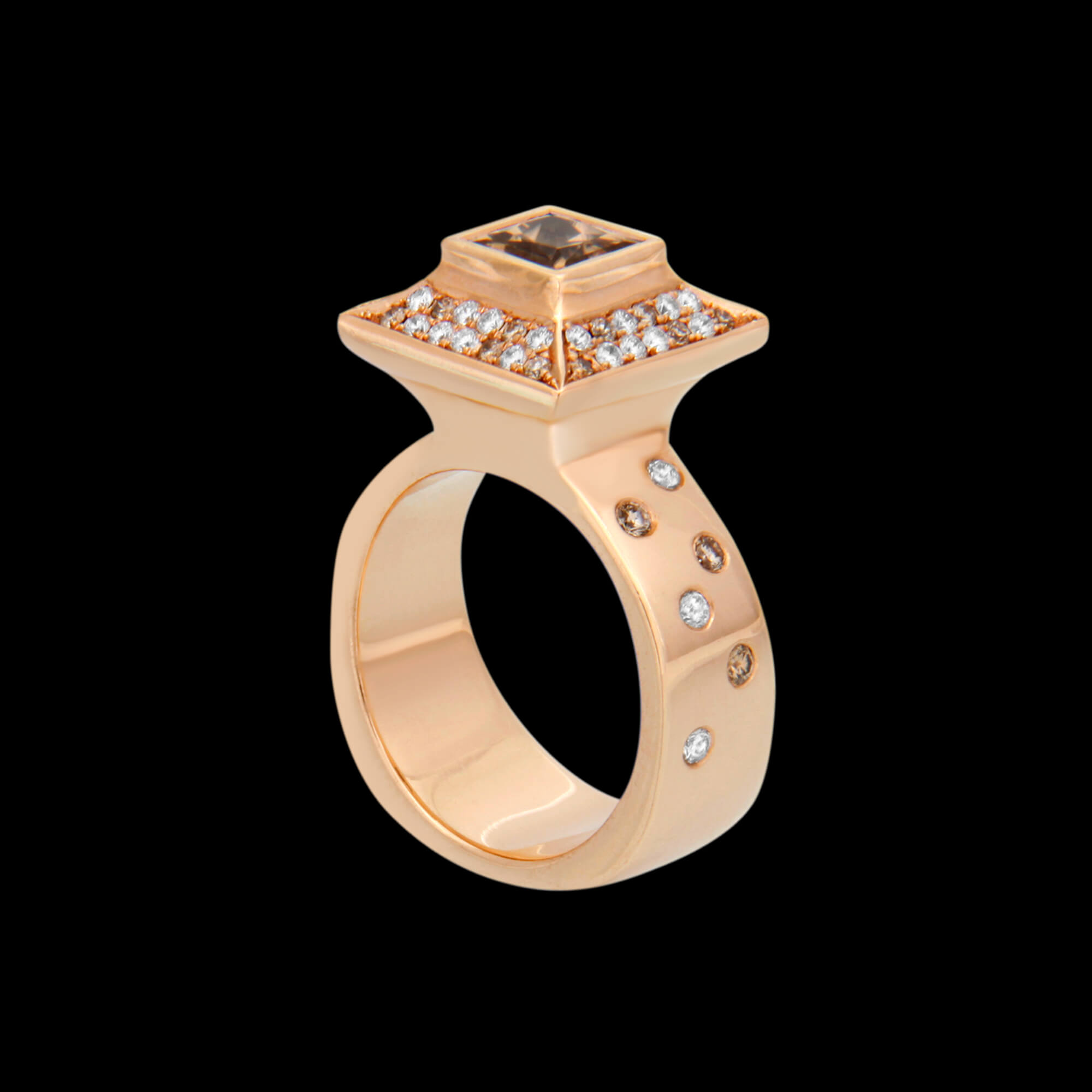 Custom 18kt pink gold Pagoda ring with a cushion-cut chocolate diamond. FRIDA | Fine Jewellery.