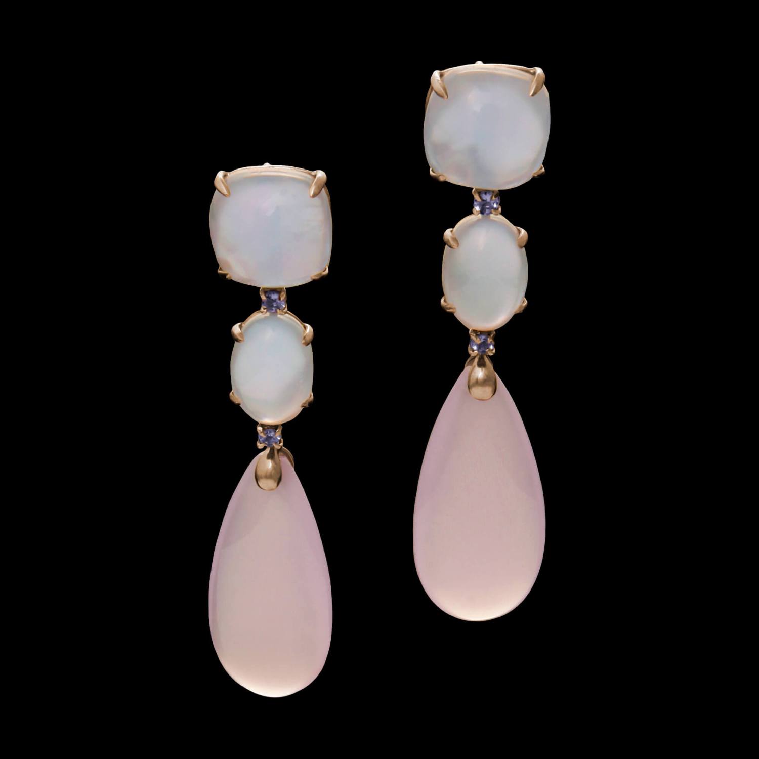 Custom 18kt pink gold dangle earrings with moonstone, rose quartz and violet sapphires. FRIDA | Fine Jewellery.