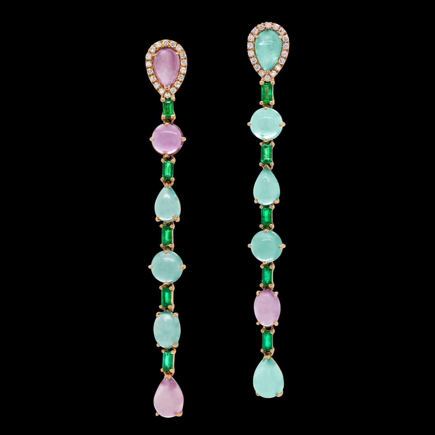 Custom 18kt pink gold dangle earrings with pink and paraiba tourmaline, emeralds and diamonds. FRIDA | Fine Jewellery.